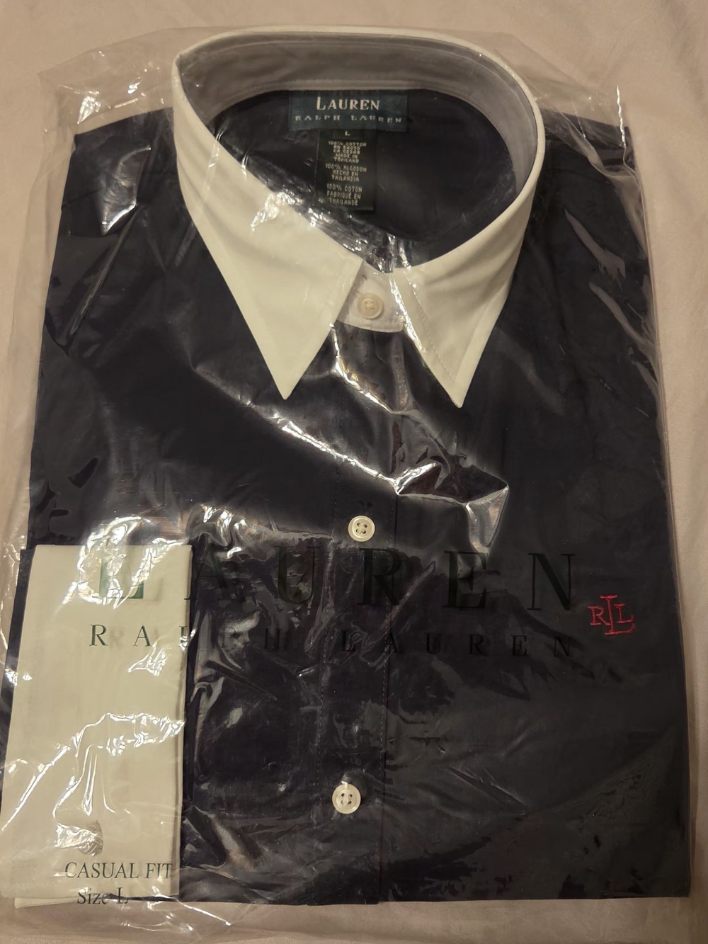 NWT Lauren Ralph Lauren Casual Fit Shirt L Navy Blue Solid White Contrast Collar